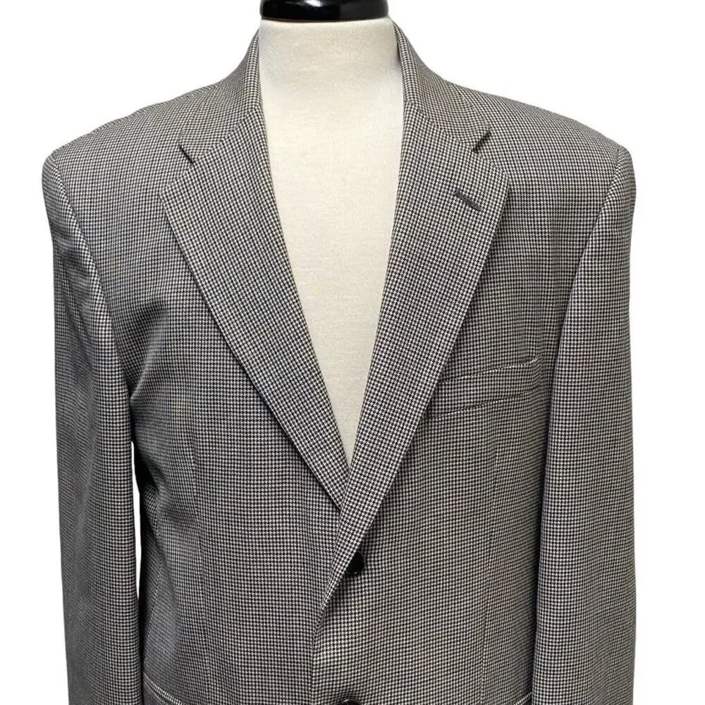 Stafford Wool Blazer Men’s 40R Gray Black Blue Houndstooth Two Button Lined